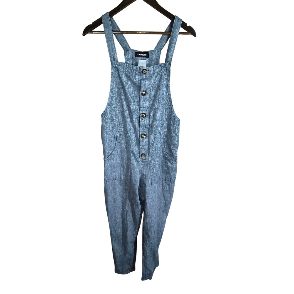 Express Womens Blue Linen Cotton Blend Button Front Overalls Jumpsuit Small S/P